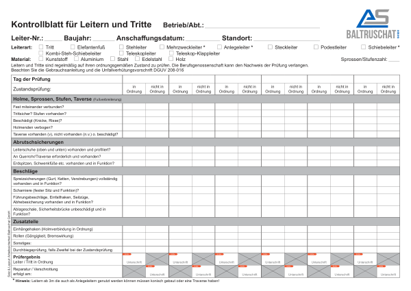 Vorschau der ersten Seite: Kontrollblatt für Leitern und Tritte
