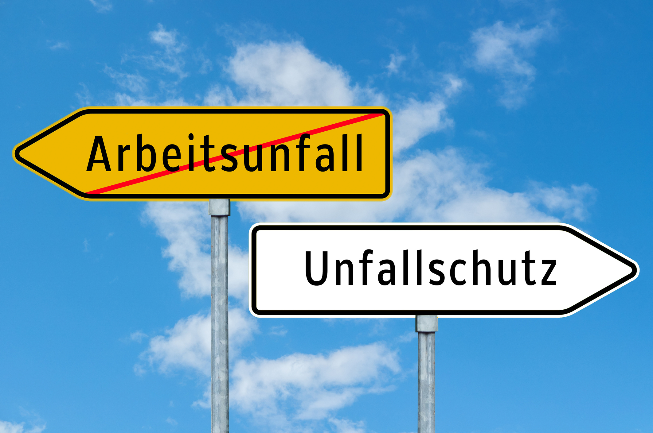 Wegweiser: weg vom Arbeitsunfall, hin zum Unfallschutz